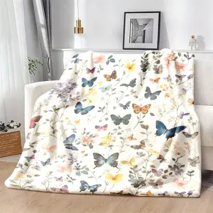 1pc Vintage Floral & Butterfly Throw Blanket - Soft Cozy Flannel Bedspread Suitable for Sofa, Bed, Car, Camping - All-Season Multicolor Bedspread with Soundwave Technology Flower Pressing Technology ( Style) Decorative Blanket