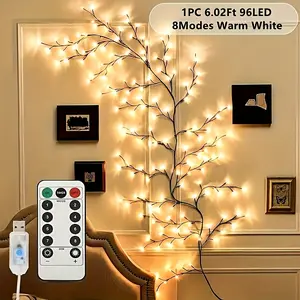 Wall light flexible rattan light, 96 LED beads, dimmable warm white, 8 modes of branch lights, USB powered indoor decorative atmosphere light, suitable for bedrooms, living rooms, parties, festivals, Christmas and birthday gifts