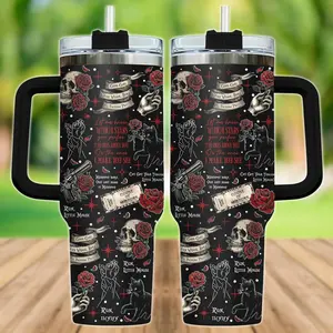 Haunting Adeline Zade Meadows 40oz Insulated Tumbler With Handle & Straw, Cat And Mouse Duet Run Little Mouse Dark Romance Bookish Gift For Book Lovers, Gothic Skull Rose Black Stainless Steel Travel Mug, Trending Cup On Tiktok