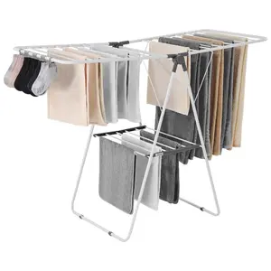 VEVOR Clothes Drying Rack, 2-Tier Foldable Laundry Dryer Rack with Sock Clips 21 Drying Rods, Metal Height Adjustable Drying Racks for Outdoor Indoor, Free-Standing Space-Saving Hanger, White