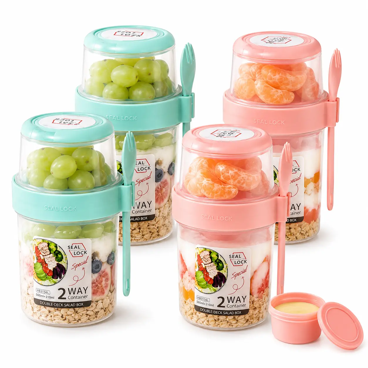 4-Pack 2-Layer Yogurt & Salad Cups with Fork, Dressing Cup and Folding Handle, 310ml + 560ml Portable Breakfast Containers