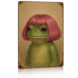 Pink Hair Frog Aluminum Sign,8x12 Whimsical Frog Wall Art,Green Frog Portrait Decor,Retro Vintage Wall Plaque,Frog Lover Gift,Home Wall Decor,Funny Animal Art