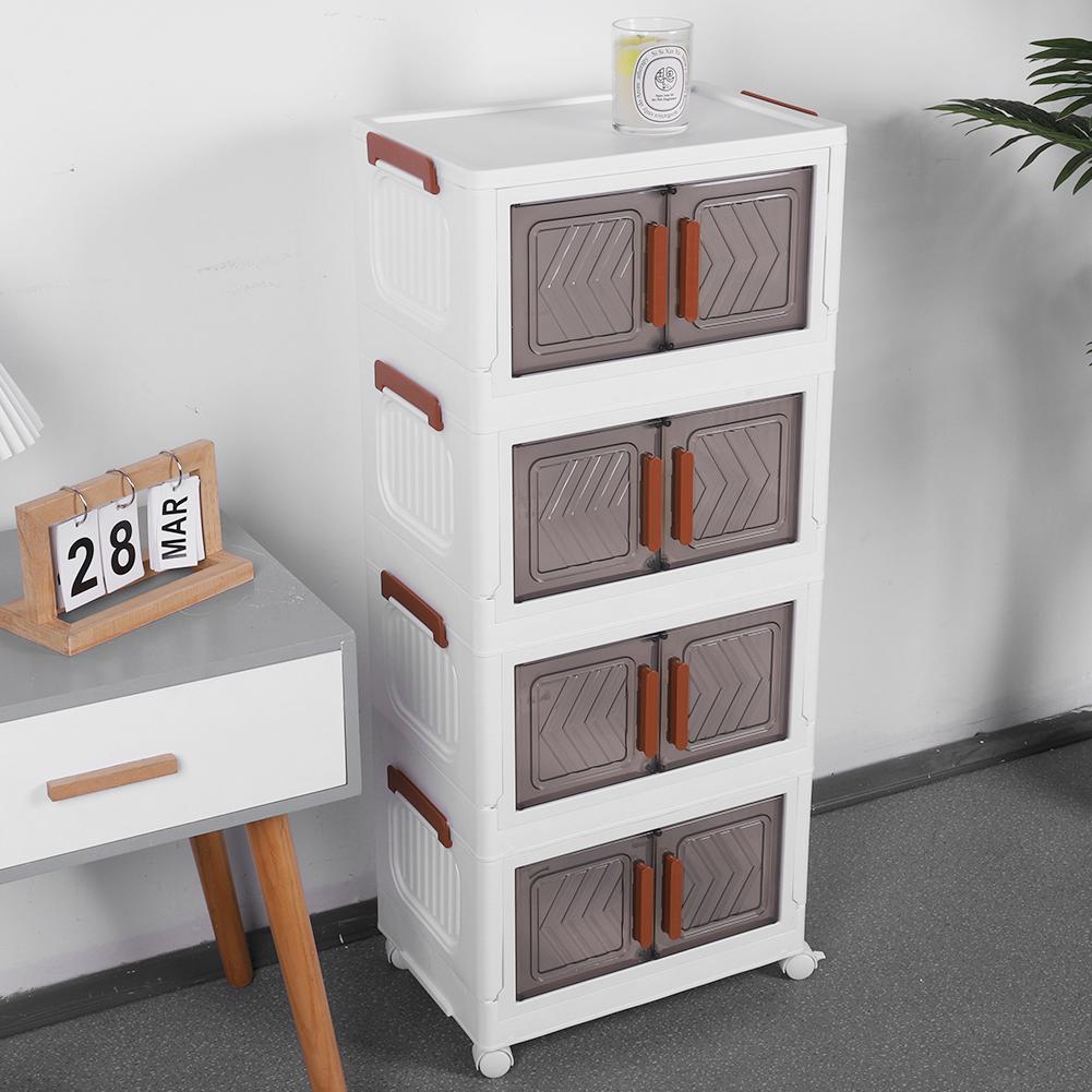 4 Tier Collapsible Storage Bins with Doors & Wheels Stackable Closet Organizers (Clear White)