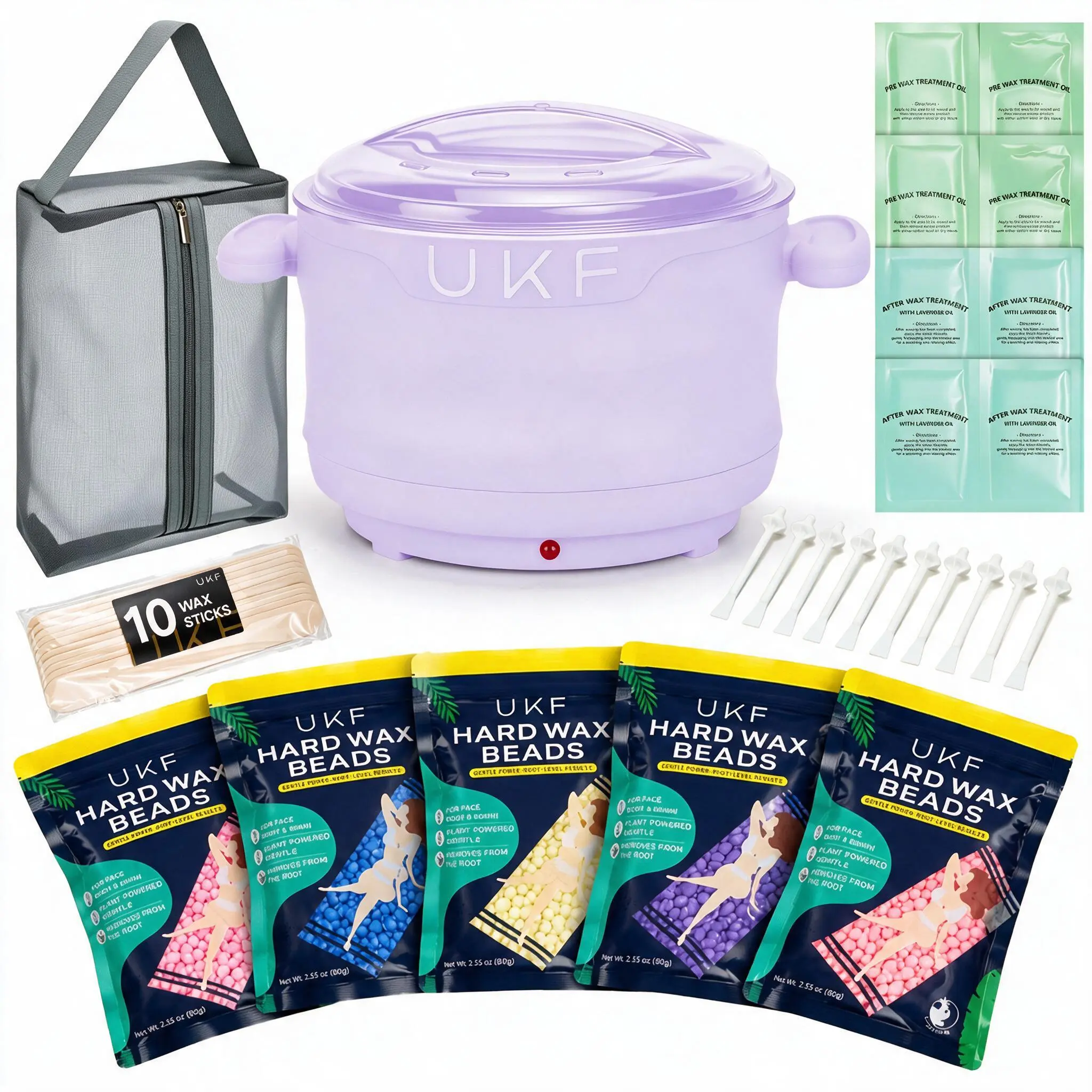UKF Beginner’s All-in-1 Waxing Kit with Hard Beads, Heater, Pre & Post Care, Silicone Bowl, Sticks for Gentle Hair Removal on Sensitive Skin (Bikini, Face) with Salon-Smooth Results & Lid Storage