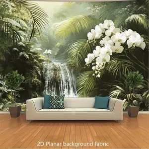1pc 2D Flat Tropical Tapestry - Large Green Palm Leaves & White Orchids Jungle Wallpaper Backdrop - Hang Polyester Fabric Decor Living Room, Wedding, , Photo Booth - No