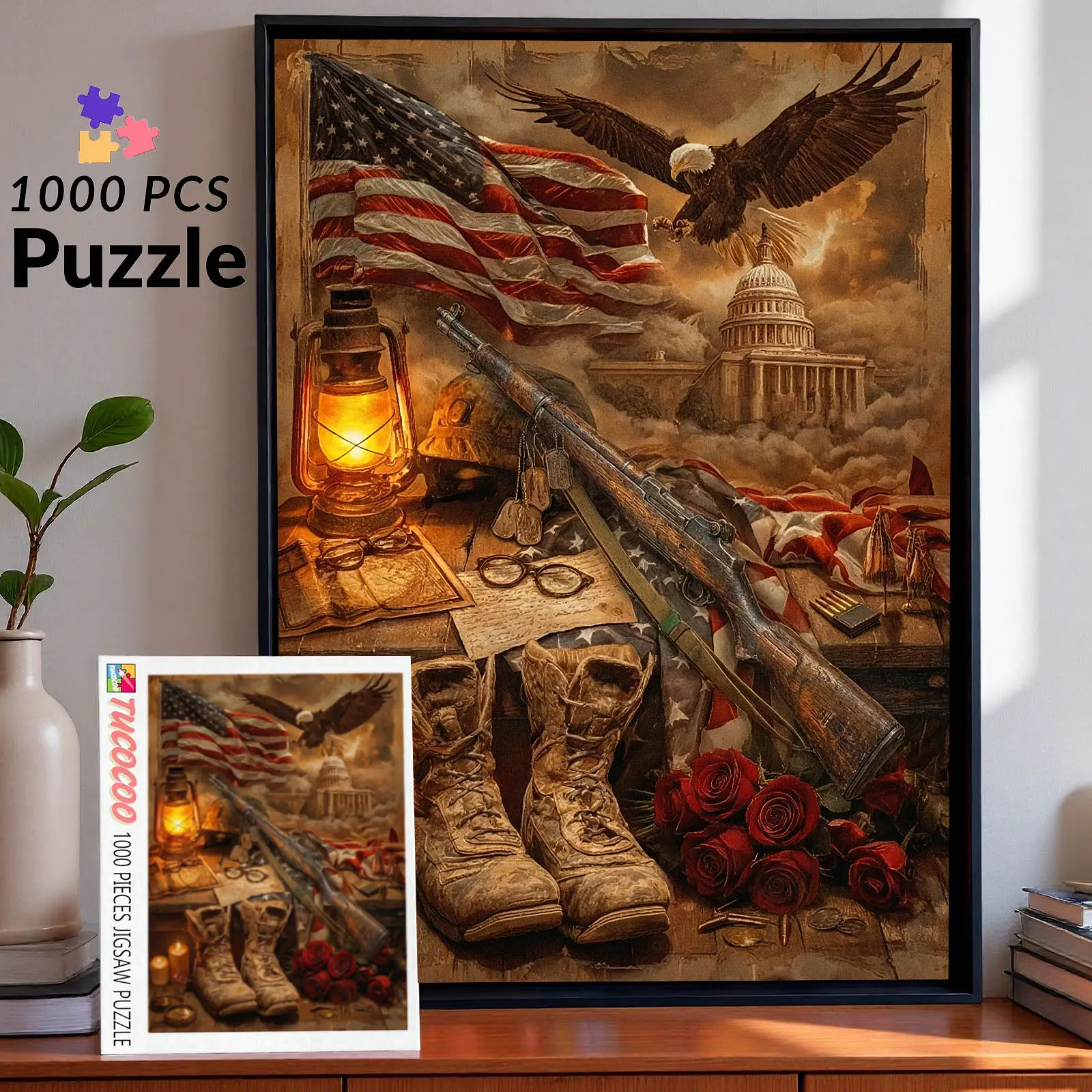 1000-Piece Patriotic American Eagle Toy Jigsaw Puzzle, Vintage Military Tribute Artwork with Bald Eagle, USA Flag, Memorial Roses & Lantern, Memory Training & Observation Brain Game, Stress Reliever, Family Fun Gift, Wall Decor (27.5x20 inches/70x50 cm)