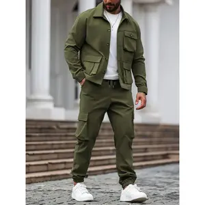Men's two-piece workwear style set, lapel long sleeved jacket, large pocket button up shirt, paired with multi pocket workwear pants, casual, trendy, lightweight and comfortable shirt pants set, military green, black, light gray
