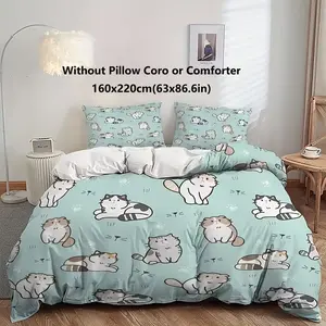 Three-Piece Cat Bedding Set for Girls, Queen Comfort Cat Bed Linen (1 Sheet + 2 Pillowcases), Soft and Cozy Pet Bedding