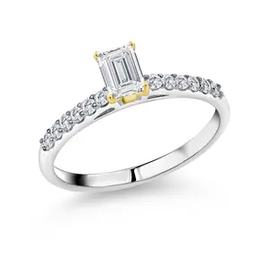 Gem Stone King 925 Silver and 10K Yellow Gold White Lab Grown Diamond Engagement Ring For Women | 0.83 Cttw | Emerald Cut 6X4MM | Gemstone April Birthstone
