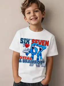 6-7 Year Old Boys' Casual Round Neck Short Sleeve T-Shirt, Base, Fun 3D Robot Print, Soft Comfortable Breathable, Perfect Birthday Gift