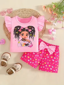 1 piece of girls' sweet and cool energetic fashion short shirt, pink flying sleeve cartoon girl T-shirt + heart print shorts + bowknot decoration, soft and skin-friendly cotton fabric, suitable for girls aged 0-3 years old