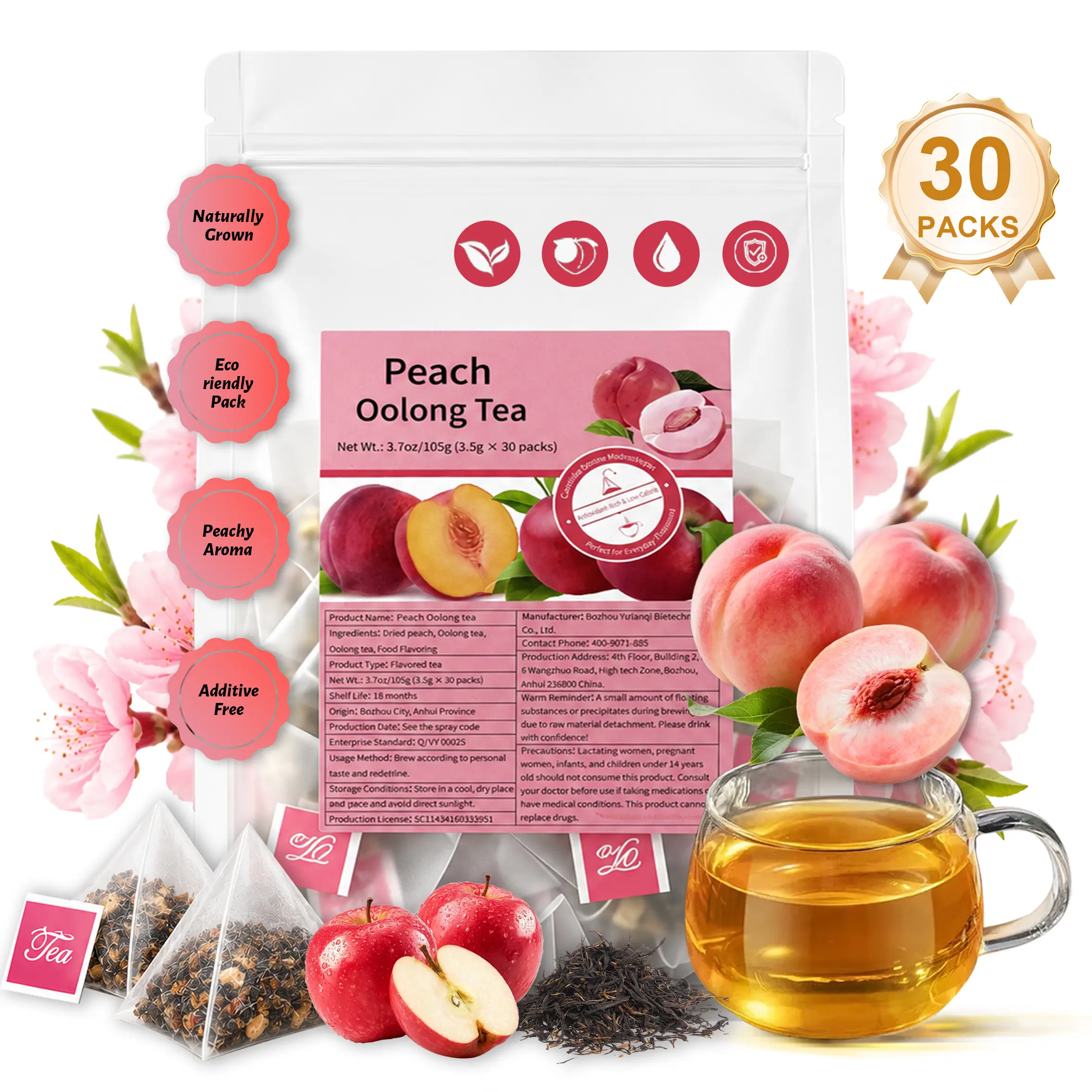Peach Oolong Tea Bags, 30-Count Triangle Sachets, Real Freeze-Dried Peach Fruit Tea, No Sugar, Hot & Cold Brew Compatible loaded tea