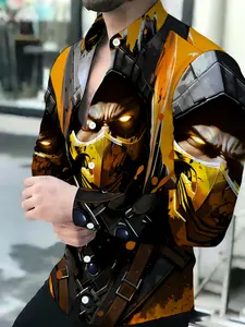 Men's Mortal Kombat Scorpion Print Long Sleeve Collared Button-Down Shirt