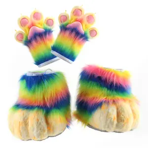 Furry Cat & Animal Paw Slippers Set – Plush Feet and Gloves for Cosplay, Halloween, Christmas and Party Costumes
