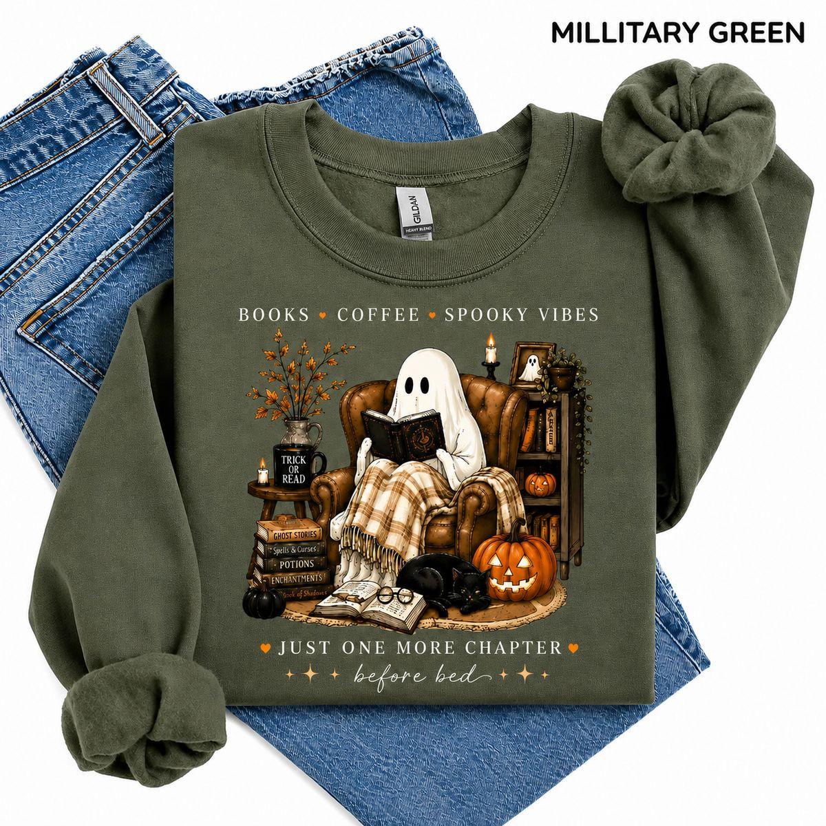Cozy Ghost Reading Sweatshirt, Book Lover Coffee Spooky Vibes Crewneck, Cute Halloween Reader Fall Graphic Sweatshirt, Womenswear Tops Cotton
