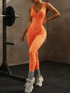 Women's Cross-Strap Leopard Print High Waist Elastic Jumpsuit with Removable Padding, Fashionable One-Piece, Perfect for Casual Wear