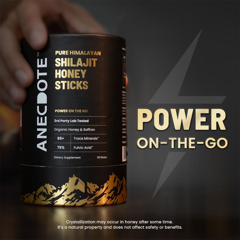 Anecdote Pure Himalayan Shilajit Honey Sticks - 100% Pure Resin with 85+ Trace Minerals & 75% Fulvic Acid - Organic Honey & Saffron Infused - 30 Sticks