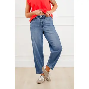 Judy Blue High Rise Medium Wash Rigid Magic Panel Barrel Jeans