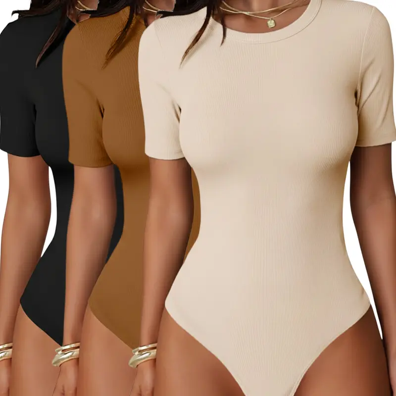 Women's Comfortable Short Sleeve Knitted Bodysuits, Slim Fitting Bodysuit, Basic Casual Stylish Summer Wear