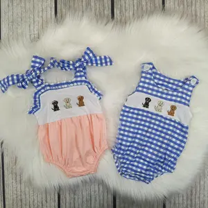 Unisex Baby Embroidered Puppy Blue-White Checkered Sleepwear Onesie, Baby Boy Clothes for Infants
