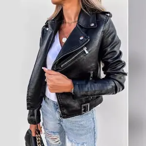 Locomotive PU Jackets Outwear Women Long Sleeve Zipper Fashion Jacket PU Leather Coat Motorcycle Short Coats Outwear Black Fitted Outerwear rock star puffer jacket peacoat trench coat