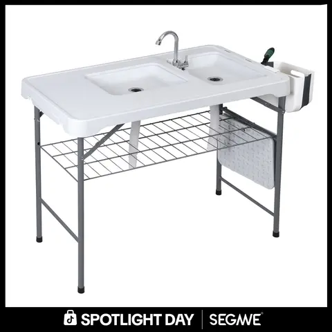 Segawe All-in-1 Multipurpose Outdoor Prep Station - Lightweight Outdoor Table, Portable Foldable PE & Steel Table with Folding Legs, Dual Sinks, Faucet, Grid Rack, 660lb Capacity, Fish Cleaning, BBQ/Camping Essential Patio Furniture (42.6in), Portable Fol