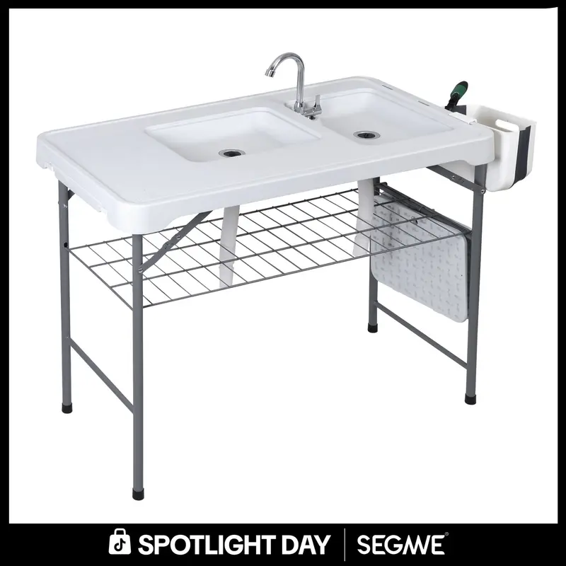 Segawe All-in-1 Multipurpose Outdoor Prep Station - Lightweight Outdoor Table, Portable Foldable PE & Steel Table with Folding Legs, Dual Sinks, Faucet, Grid Rack, 660lb Capacity, Fish Cleaning, BBQ/Camping Essential Patio Furniture (42.6in), Portable Fol