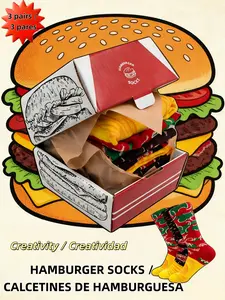 Women's Burger Socks Set (3 Pairs), Creative High-Top Boxed Novelty Long Tube Cotton Blend, Fun Colorblock Design