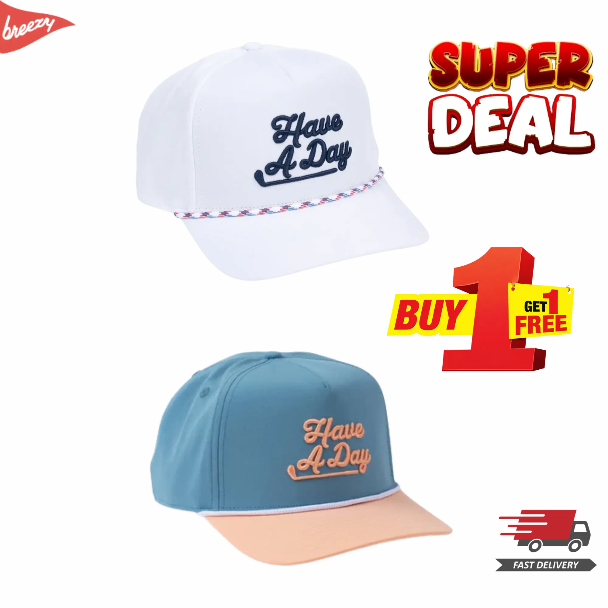 [ SUPER SALE 50% ] BOGO Limited Edition Golf Hat Bundle | 2-Pack Men's Breezy Golf – "Have A Day" White & Orange/Blue  Inspired Adjustable Snapback Caps | Lightweight Summer Golf Hats for Men | Perfect On & Off the Course | Ship Fast US