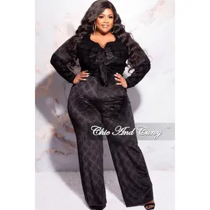 Final Sale Plus Size 2pc Velvet Crop Top and Pants Set in Black