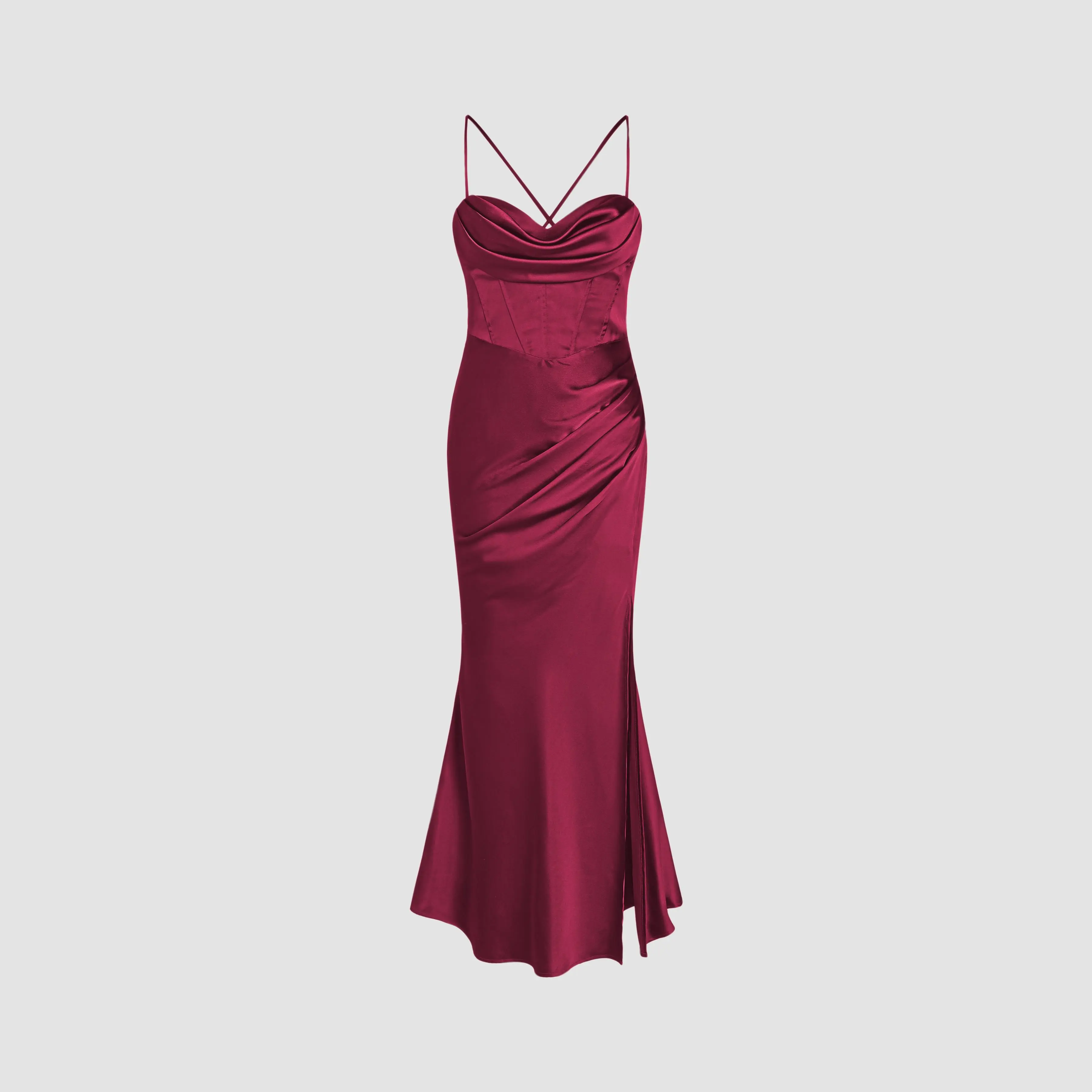knee length dresses for ladies Yumi Red Satin Cowl Neck Midi Slip Dress