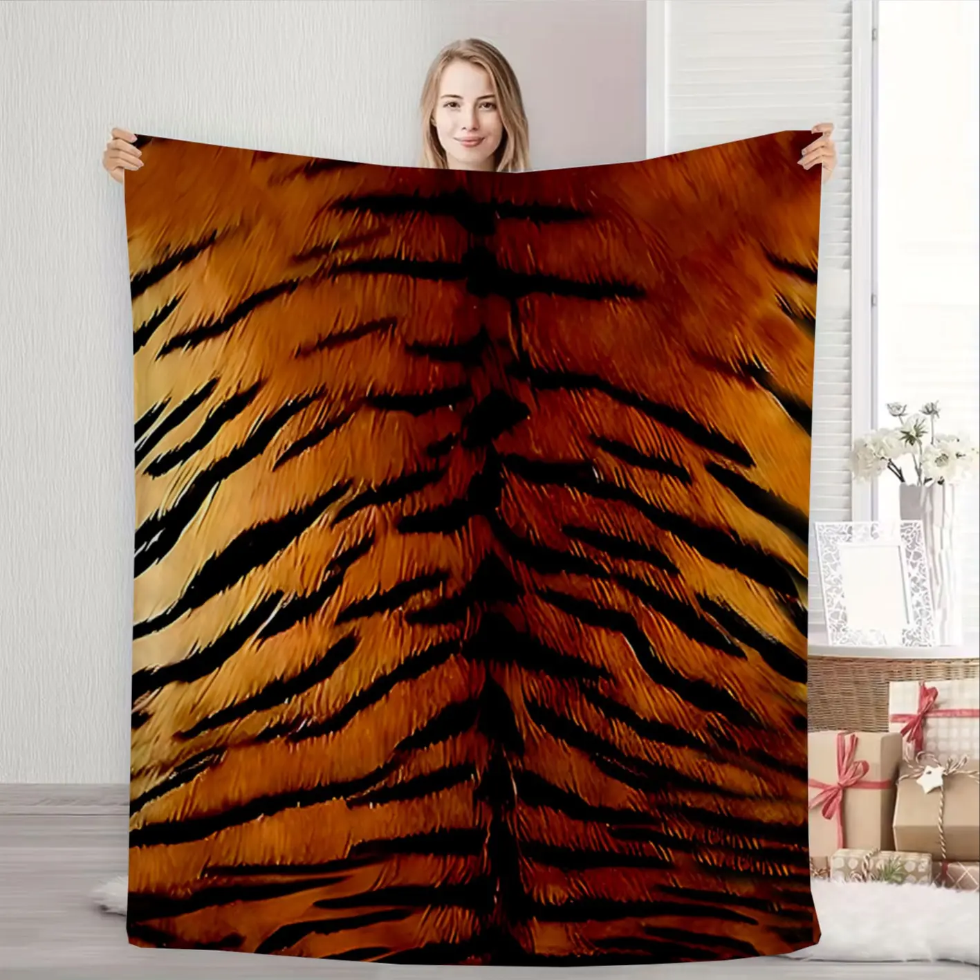1 tiger striped blanket with forest tiger striped texture pattern, suitable for air conditioning nap blanket, office blanket, camping blanket, gravity throw blanket; Suitable for various groups of people, sofa towels, living room decorations, car blankets