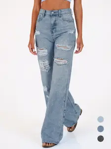 Women's Vintage Ripped Denim Jeans, Loose Fit Flared Leg Pants, High Waist Retro Style, Multiple Colors Available
