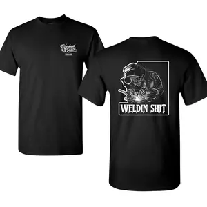 Weldin Shit T-shirt with Skeleton Welder Torch Artwork and Bold Grunge Lettering, 2 Sides Black Graphic Tee, Soft Cotton Blend Shirt for Welders, Garage Builders, Blue Collar Tradesmen with Attitude for Men and Women