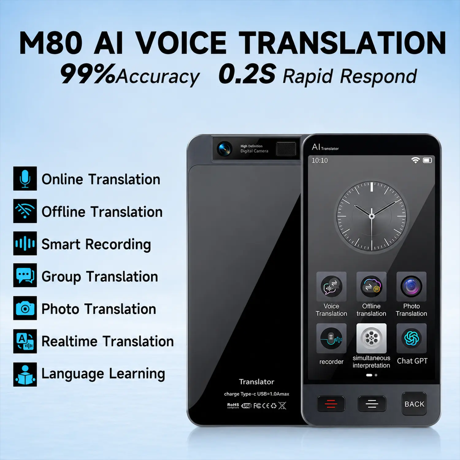 [TryTalk] Mini Digital Portable Translator Device with Batteries - AI Real-Time Voice & Photo Translator (142 Online & 19 Offline Languages) for Language Learning, Travel & Business (Digital Products Category) Smart Translation Pen