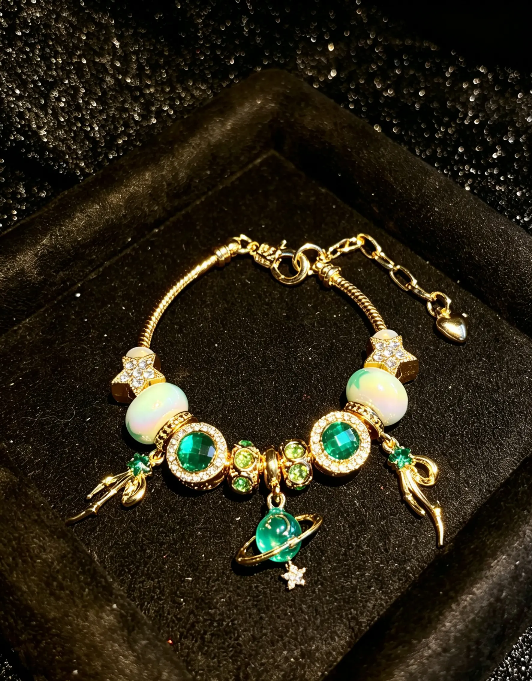 Gold Tone Planet Charm Beaded Bracelet, Emerald Green Rhinestone Star Enamel Bead Snake Chain Bracelet, Adjustable Space Themed Jewelry Gift for Women