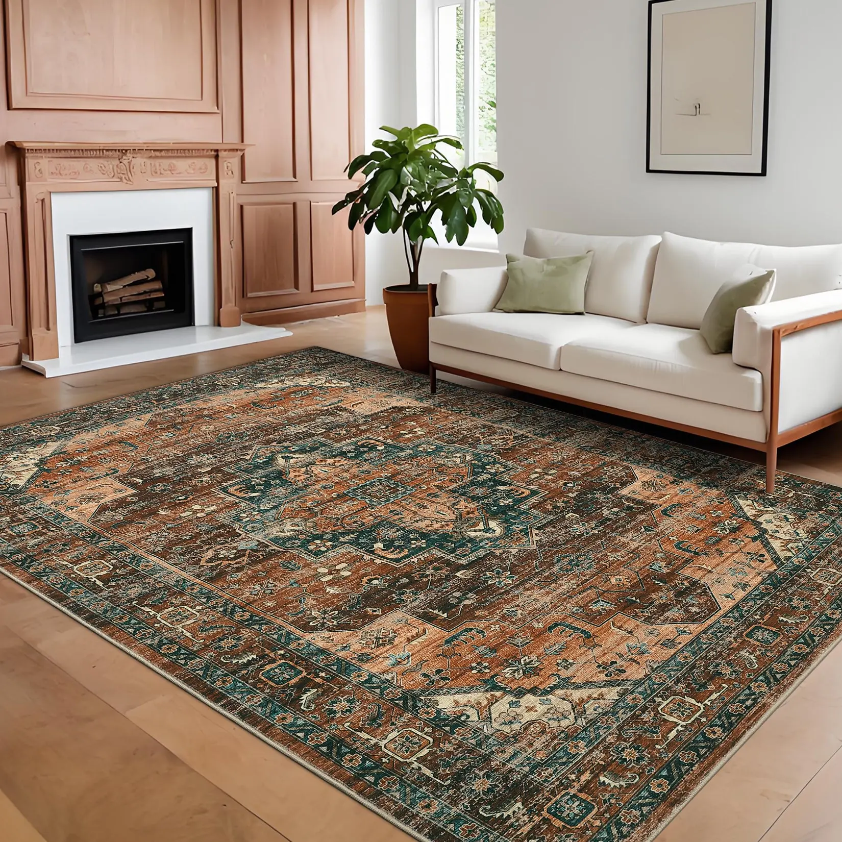 【GARVEE】Persian Area Rugs in Multiple Sizes and Colors (Brown, Green, Camel Green) with Soft Low Pile, Vintage Oriental Design, Machine Washable, Non-Slip Backing, Stain-Resistant for Living Room, Bedroom, Hallway, Laundry, Office