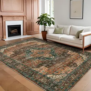 【GARVEE】Persian Area Rugs in Multiple Sizes and Colors (Brown, Green, Camel Green) with Soft Low Pile, Vintage Oriental Design, Machine Washable, Non-Slip Backing, Stain-Resistant for Living Room, Bedroom, Hallway, Laundry, Office