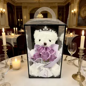 Bear Plush with Artificial Rose in PVC Gift Box, Wedding Decoration Flowers, Home Decor Flowers, Suitable for Dating or Confessing to Girlfriend/Wife, Valentine's Day Gift, Graduation Gift, Birthday Gift, Bridal Favor, Mother's Day Gift, Rose Teddy Bear
