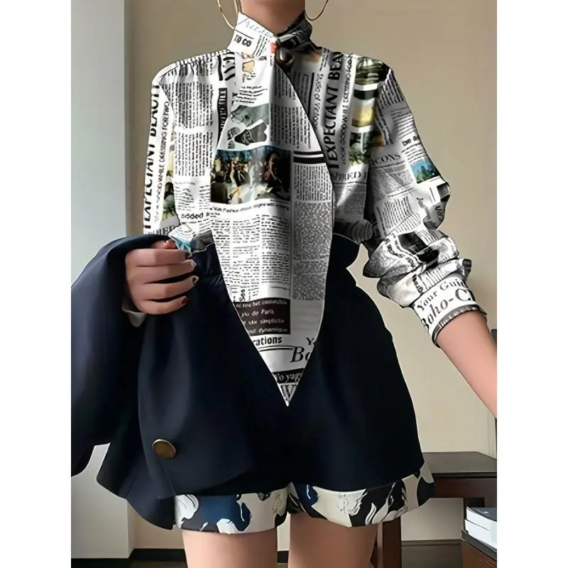 Chic Polyester Newspaper Print Blouse - Elegant Long Sleeve Office Top with Stand Collar, Available in S to 2XL Shirts Womenswear Winter Comfort Casual Fabric Fitted
