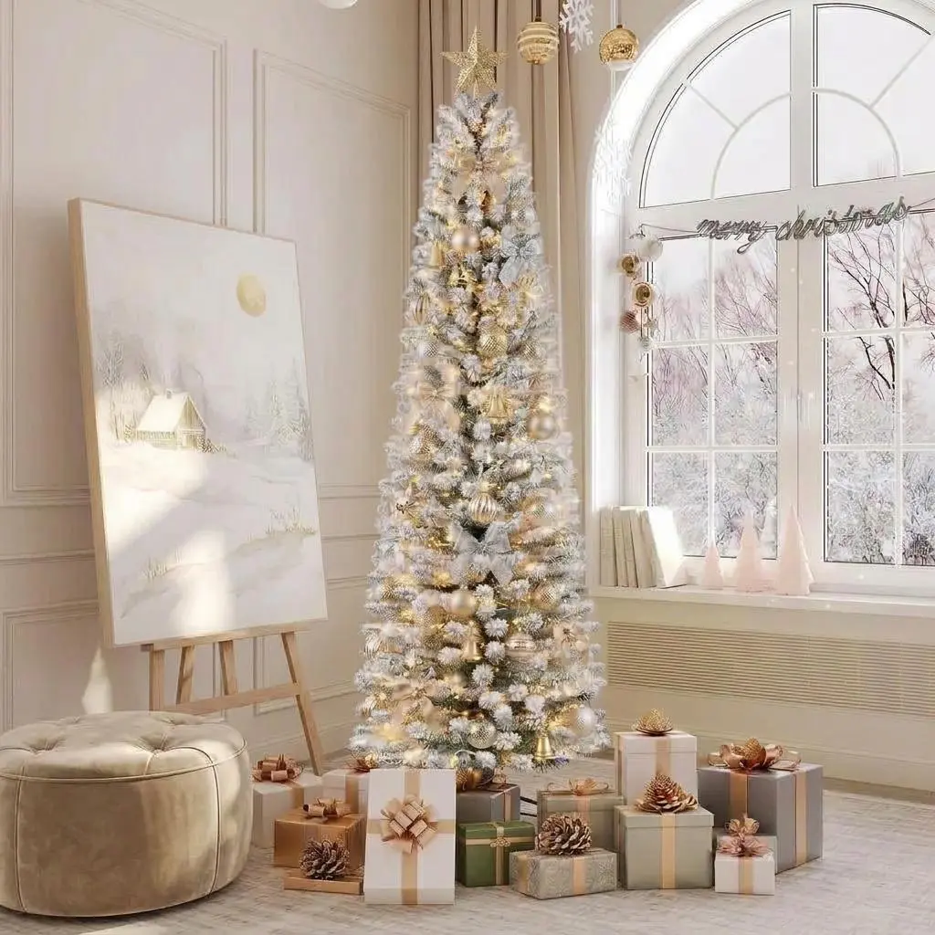 Gaomon 2026 Pre-lit Artificial Christmas Trees 4.5ft/6ft/7.5ft/9ft/12ft Control Snow White/Pink/Pine Cone Styles Holiday Decoration for Home, Party Supplies