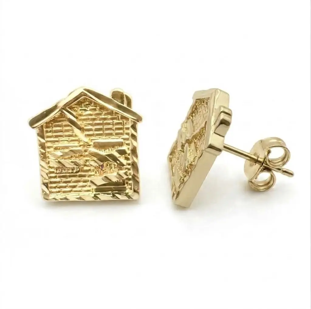 Tiny Textured House Shape Stud Earrings, 14K Gold Plated Men's Earrings, Hypoallergenic Costume Jewelry for Women, Gift Option