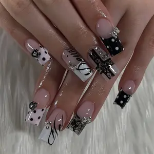 Upgrade Your Look with 24 square fake nail art pieces, cool dark style, Rhinestone detailing, black polka dot metallic heart, hollow spider web french tip nails metallic bow, suitable for ladies & girls, must-have for parties & shopping