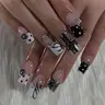 【Black Friday】24-Piece Dark-Style Square Press-On Nail Set with Rhinestones, Black Polka Dots, Metallic Hearts & Spiderweb French Tips, Ideal for Parties and Daily Wear, Decorative Nails