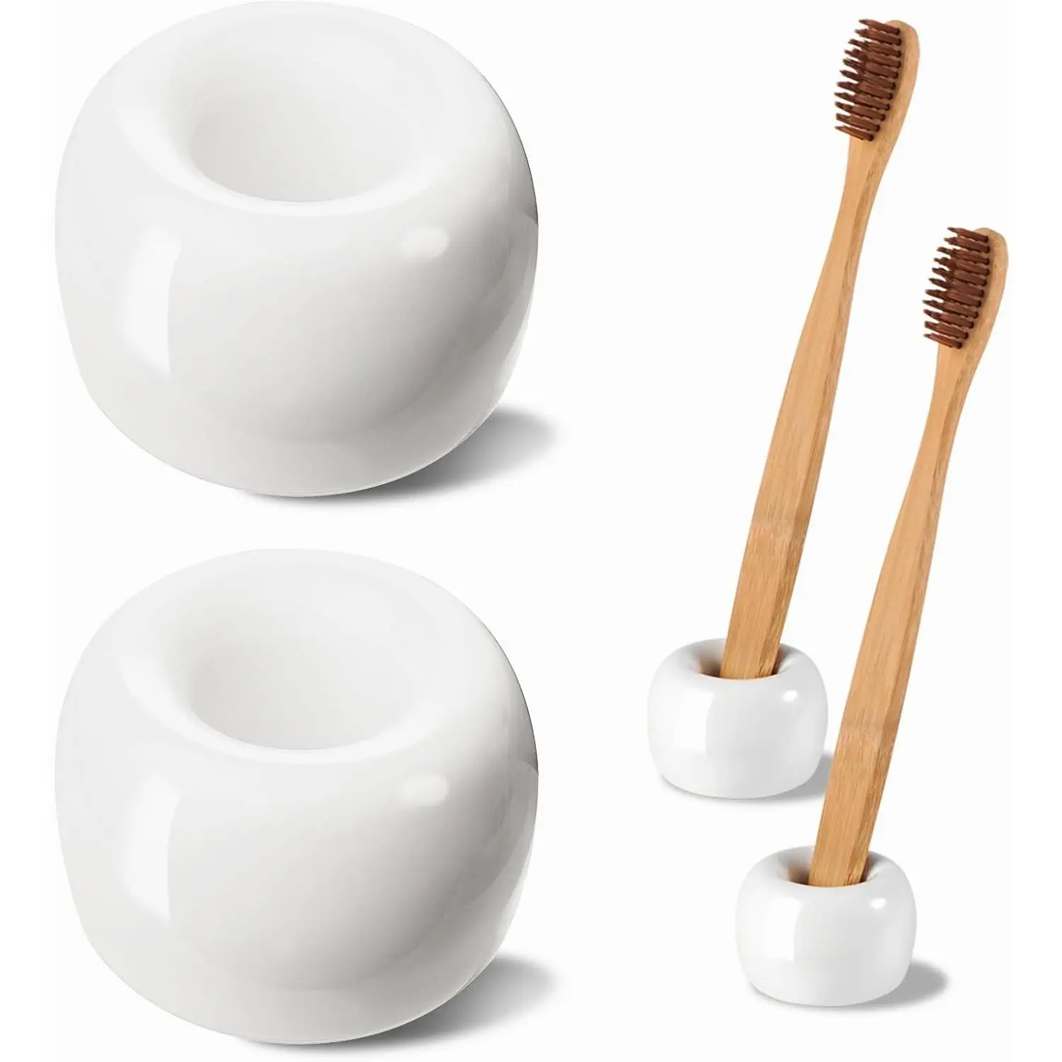 2-Pack White Mini Ceramic Toothbrush Holders - Handmade Minimalist 2-Piece Set, Portable Space-Saving Bathroom Organizer for Vanity Countertop, Travel Users