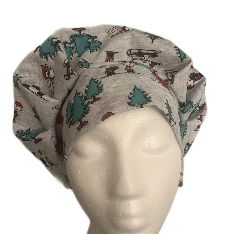 Peanut Christmas Adjustable Bouffant Scrub Cap with Festive Tree and Snowman Print One Size Fits All with Matching Scrunchie for Holiday Season