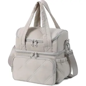 Lunch Bag Women Double Deck Quilted Puffer Insulated Lunch Cooler Leakproof Durable Reusable For Work Picnic Meal Prep