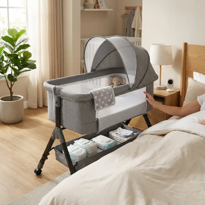 Baby's Cradle, 3 in 1 Crib by the Bed, Cradle by the Bed with Wheels, Crib by the Bed with Breathable Mesh, Mosquito Net, 6 Height Adjustable, Large Storage Basket changer diaper