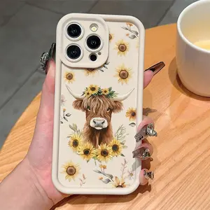 Antique Floral Sunflower & Cow Tpu Anti-Drop Phone Case for iPhone 6/7/8/x/XS/XR/XS Max/11/12/13/14/15/16/17 Pro Max, Gift for Women