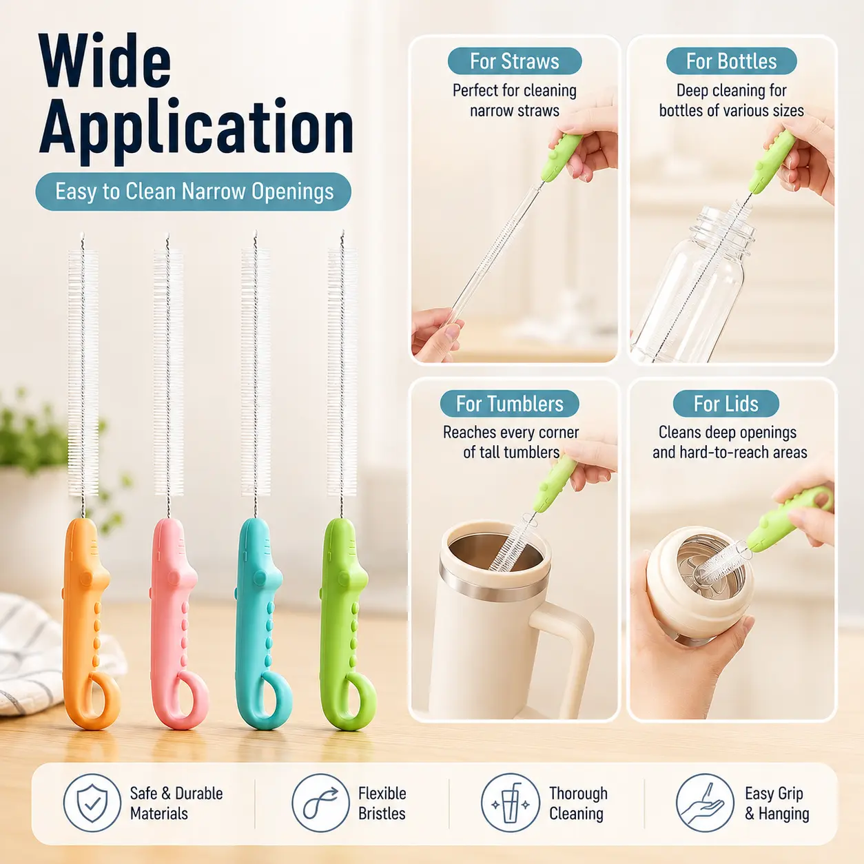 Crocodile Straw Cleaning Brush, Flexible Long Narrow Cleaning Brush for Straws, Tumblers, Water Bottles, Cup Lids & Small Gaps, Deep Cleaning Bottle Brush with Easy-Grip Handle, 4 Colors